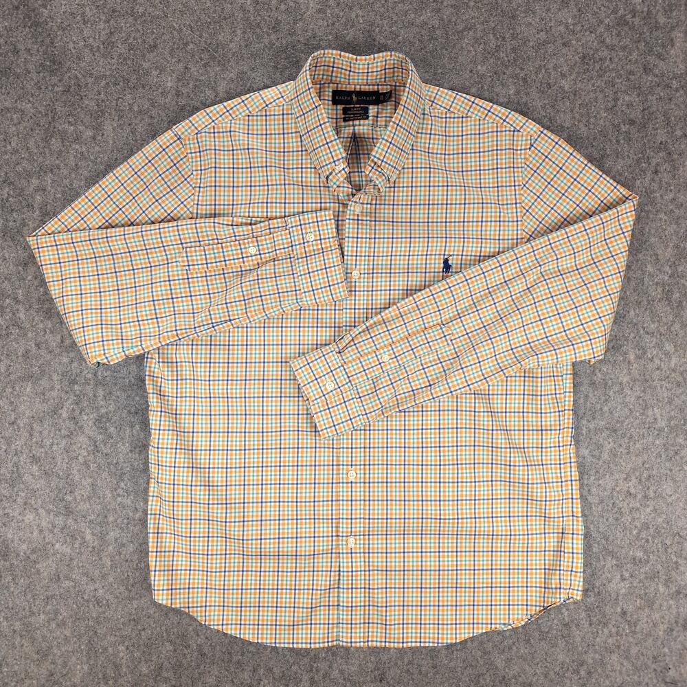 Ralph Lauren Shirt Mens XL Orange Blue Plaid Button Down Slim Fit Performance